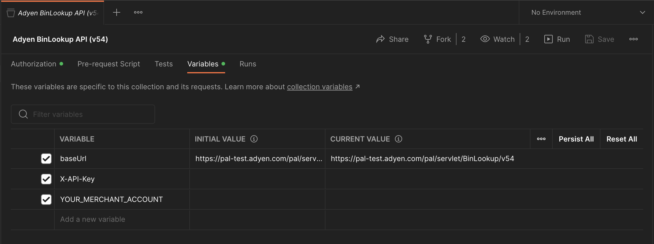 Variables to set in my collection